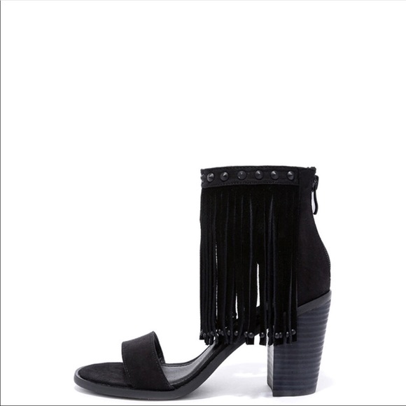 Black Boho Chic Cascading Fringe Block Heel Sandal - Picture 3 of 4